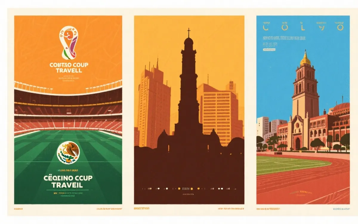 墨西哥三座世界杯承办城市的旅行海报风格拼贴图，包含球场与城市地标剪影