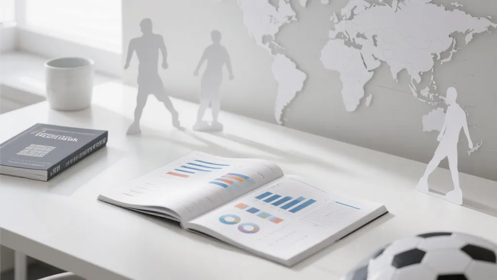 世界杯赛前数据手册风格的桌面场景，地图、统计表与球员剪影